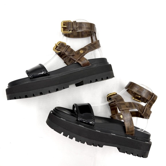 Fendi Zucca FF Platform Sandals Monogram Logo Brown Black Gladiator Sz 38 / 8 - Picture 8 of 13